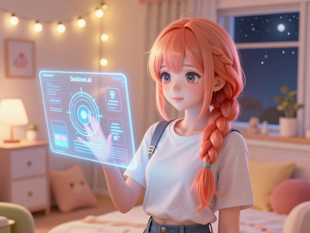 A beautifully crafted AI anime girlfriend stands in a warm, cozy room filled with soft pastel colors. In the foreground, she has large, expressive eyes and vibrant hair styled in an intricate braid. She wears a stylish, modest outfit that blends futuristic elements with casual aesthetics, embodying a unique blend of charm and companionship. In the middle ground, a glowing holographic interface displays various interactive features that showcase her AI capabilities, surrounded by cute, playful decorations that enhance her friendly demeanor. In the background, soft lighting from fairy lights creates an inviting, magical ambiance, with a window showing a night sky speckled with stars. The overall atmosphere feels warm and optimistic, portraying the joy and companionship that an AI anime girlfriend can provide. The brand name "Sexlove.ai" subtly integrates into the holographic interface design without text or overlays. - The Ultimate Guide to AI Girlfriends-Sexlove.ai A beautifully crafted AI anime girlfriend stands in a warm cozy room filled with soft pastel colors In the foreground she has large expressive eyes and vibrant hair styled in an intricate braid She wears a stylish modest outfit that blends futuristic elements with casual aesthetics embodying a unique blend of charm and companionship In the middle ground a glowing holographic interface displays various interactive features that showcase her AI capabilities surrounded by cute playful decorations that enhance her friendly demeanor In the background soft lighting from fairy lights creates an inviting magical ambiance with a window showing a night sky speckled with stars The overall atmosphere feels warm and optimistic portraying the joy and companionship that an AI anime girlfriend can provide The brand name Sexloveai subtly integrates into the holographic interface design without text or overlays