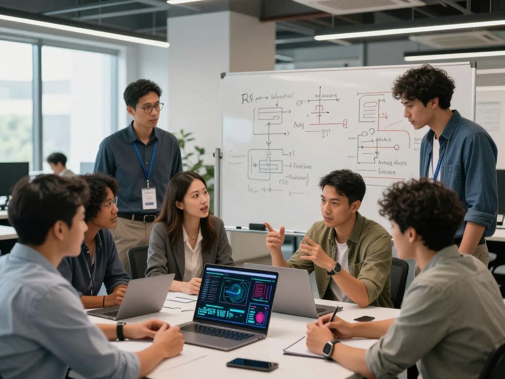 A collaborative workspace scene showcasing essential qualities for a machine learning engineer In the foreground a diverse group of professionals dressed in smart casual attire engaged in animated discussions around a laptop with visual data analytics on the screen The middle ground features a whiteboard filled with complex algorithms and machine learning concepts In the background a modern office environment with large windows allowing natural light to flood the space The atmosphere is energetic and focused highlighting teamwork and innovation Use a wide angle lens to capture the entire setup with soft lighting for a welcoming effect The overall mood conveys professionalism and determination emphasizing the skills needed for success in AI and ML engineering in the US
