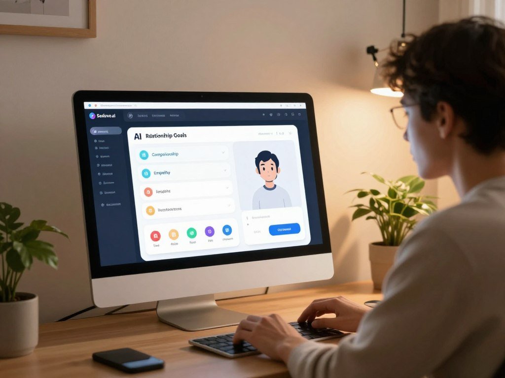 A cozy and inviting workspace showcasing a tech-savvy individual customizing a virtual AI chatbot using a sleek interface on a modern computer screen. In the foreground, the person wears smart casual clothing, deeply focused on the screen displaying options for relationship goals, such as companionship, empathy, and fun interactions. The middle ground features various colorful icons and sliders representing the customization features, while a glowing light emanates from the screen, casting a warm ambiance. In the background, a minimalistic room adorned with soft lighting and plants creates an engaging atmosphere. The scene conveys a sense of innovation and intimacy, illustrating the evolution of AI companionship for meaningful connections. Logo of "Sexlove.ai" subtly integrated into the design elements. - The Ultimate Guide to AI Girlfriends-Sexlove.ai A cozy and inviting workspace showcasing a tech savvy individual customizing a virtual AI chatbot using a sleek interface on a modern computer screen In the foreground the person wears smart casual clothing deeply focused on the screen displaying options for relationship goals such as companionship empathy and fun interactions The middle ground features various colorful icons and sliders representing the customization features while a glowing light emanates from the screen casting a warm ambiance In the background a minimalistic room adorned with soft lighting and plants creates an engaging atmosphere The scene conveys a sense of innovation and intimacy illustrating the evolution of AI companionship for meaningful connections Logo of Sexloveai subtly integrated into the design elements