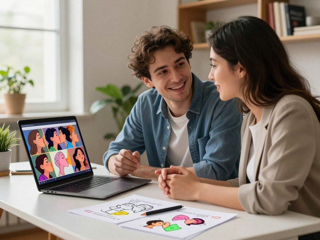 A cozy and modern workspace featuring a professional couple sitting closely at a sleek desk both dressed in smart casual attire They are engaged in a light hearted discussion about AI technology with a laptop open in front of them showcasing vibrant colorful thumbnails of various AI generated kissing videos The foreground highlights a few animated frames of kisses in a playful cartoonish style In the middle ground there are notes and sketches illustrating the features and benefits of these AI kisses The background shows soft lighting from a window with plants and bookshelves adding warmth to the atmosphere The mood is bright and inviting emphasizing creativity and innovation The brand logo Sexloveai is subtly placed within the design harmonizing with the professional vibe