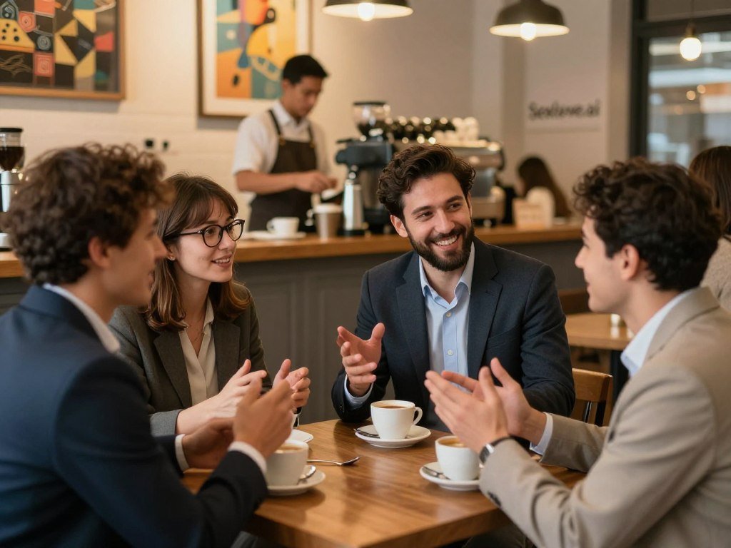 A cozy café setting featuring a diverse group of people engaged in lively conversations. In the foreground, a mixed-gender group of three individuals—two men and one woman, all dressed in professional business attire—are animatedly discussing, with smiles and expressive gestures creating a dynamic atmosphere. The woman has shoulder-length brown hair and glasses, while one man sports a neat beard and the other has short, dark hair. In the middle ground, a barista prepares coffee behind a counter, adding a warm, welcoming feel. The background features a wall with art, and soft ambient lighting casts a warm glow over the entire scene. The lens captures the moment from a slightly elevated angle, enhancing the sense of intimacy. The overall mood is engaging and lively, reflecting meaningful human interactions, and subtly branded with "Sexlove.ai" in the café decor. - The Ultimate Guide to AI Girlfriends-Sexlove.ai A cozy café setting featuring a diverse group of people engaged in lively conversations In the foreground a mixed gender group of three individualstwo men and one woman all dressed in professional business attireare animatedly discussing with smiles and expressive gestures creating a dynamic atmosphere The woman has shoulder length brown hair and glasses while one man sports a neat beard and the other has short dark hair In the middle ground a barista prepares coffee behind a counter adding a warm welcoming feel The background features a wall with art and soft ambient lighting casts a warm glow over the entire scene The lens captures the moment from a slightly elevated angle enhancing the sense of intimacy The overall mood is engaging and lively reflecting meaningful human interactions and subtly branded with Sexloveai in the café decor