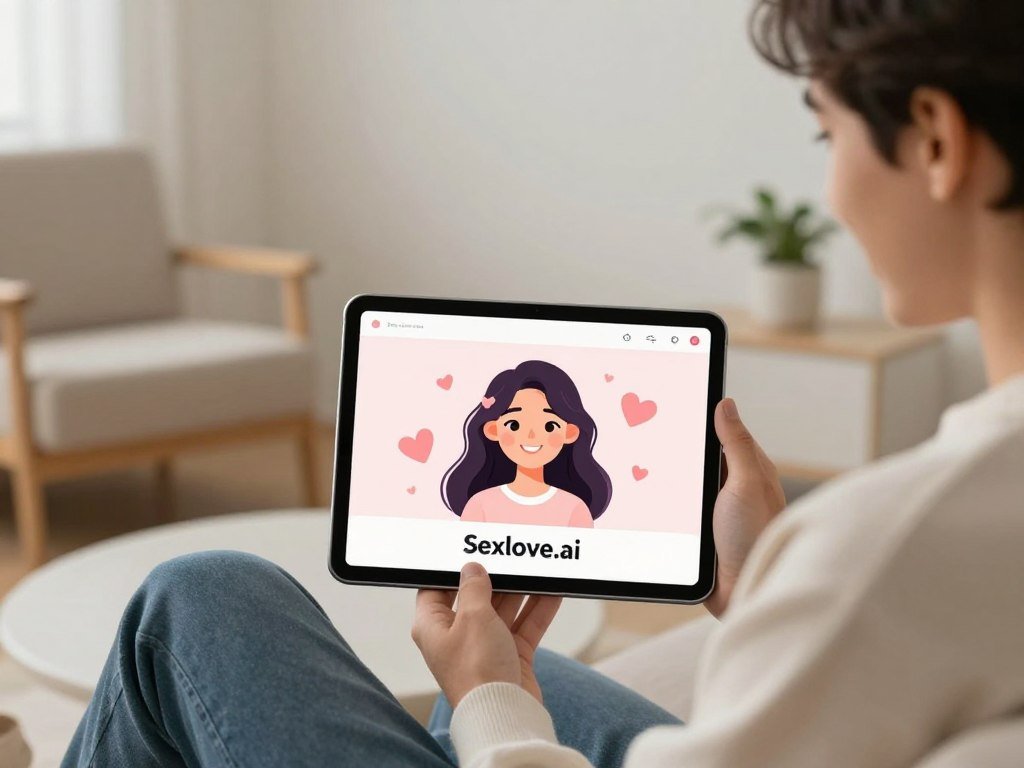 A cozy digital interaction scene featuring a male character engaging with an AI girlfriend app branded Sexloveai on his tablet In the foreground the male dressed in casual yet professional attire expresses a warm smile conveying a sense of comfort and companionship The middle ground showcases the glowing tablet screen displaying a friendly animated female avatar with soft features exuding approachability and positivity surrounded by heart motifs and gentle pastel colors In the background a minimalist room setup with soft lighting creates an inviting atmosphere highlighting a comfortable chair and a small plant emphasizing the theme of emotional support and connections The overall mood is serene and uplifting symbolizing genuine virtual relationships