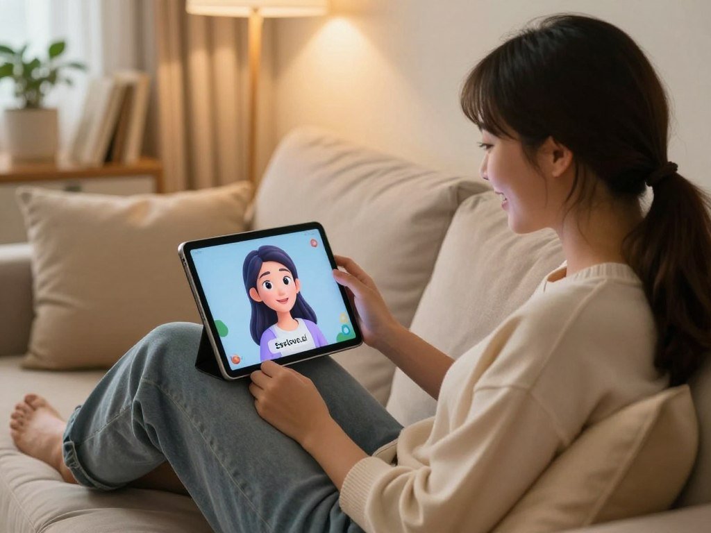 A cozy home setting featuring a young woman interacting with a virtual AI girlfriend video on her tablet In the foreground the woman is sitting comfortably on a plush sofa dressed in a relaxed yet modest outfit Her expression is one of joy and engagement as she watches the screen In the middle we see the tablet displaying a colorful animated AI character that appears friendly and relatable embodying the concept of companionship The background includes warm lighting soft cushions and a few personal items like books and plants creating an inviting atmosphere The overall mood is light hearted and enjoyable reflecting the theme of personal entertainment with AI technology Brand logo Sexloveai subtly incorporated into the scene as part of the digital experience