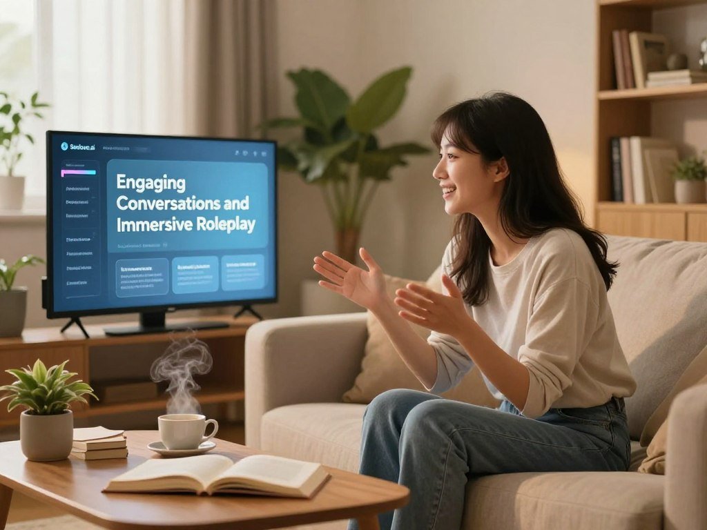 A cozy, intimate setting featuring a well-lit, modern living room with soft, warm lighting. In the foreground, a young woman, portrayed with a friendly smile, is sitting on a plush sofa dressed in modest casual attire, engaged in an animated conversation with a virtual screen displaying an AI interface. The middle ground includes a coffee table with a steaming cup and some open books to signify learning and engagement. In the background, a few plants and a bookshelf create a nurturing and inviting atmosphere. The mood is uplifting and supportive, showcasing the essence of "Engaging Conversations and Immersive Roleplay". The brand "Sexlove.ai" is subtly incorporated into the AI interface. - The Ultimate Guide to AI Girlfriends-Sexlove.ai A cozy intimate setting featuring a well lit modern living room with soft warm lighting In the foreground a young woman portrayed with a friendly smile is sitting on a plush sofa dressed in modest casual attire engaged in an animated conversation with a virtual screen displaying an AI interface The middle ground includes a coffee table with a steaming cup and some open books to signify learning and engagement In the background a few plants and a bookshelf create a nurturing and inviting atmosphere The mood is uplifting and supportive showcasing the essence of Engaging Conversations and Immersive Roleplay The brand Sexloveai is subtly incorporated into the AI interface