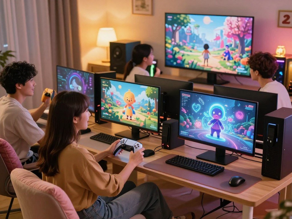 A cozy, inviting gaming room filled with warm, ambient light, showcasing a diverse group of friends gathered around a modern gaming console. In the foreground, a young man and woman, both dressed in stylish yet modest casual clothing, interact with their AI companions on their screens, conveying a sense of excitement and engagement. The AI companions, illustrated as friendly and colorful holographic figures, enhance the romantic gameplay atmosphere. In the middle ground, gaming paraphernalia, plush seating, and soft cushions create a relaxed vibe. The background features a large monitor displaying a romantic game scene filled with enchanting landscapes. The mood is playful and joyful, capturing the essence of enhancing romantic gameplay with AI companions, set within a visually appealing environment. The brand name "Sexlove.ai" subtly appears as a logo on the gaming console. - The Ultimate Guide to AI Girlfriends-Sexlove.ai A cozy inviting gaming room filled with warm ambient light showcasing a diverse group of friends gathered around a modern gaming console In the foreground a young man and woman both dressed in stylish yet modest casual clothing interact with their AI companions on their screens conveying a sense of excitement and engagement The AI companions illustrated as friendly and colorful holographic figures enhance the romantic gameplay atmosphere In the middle ground gaming paraphernalia plush seating and soft cushions create a relaxed vibe The background features a large monitor displaying a romantic game scene filled with enchanting landscapes The mood is playful and joyful capturing the essence of enhancing romantic gameplay with AI companions set within a visually appealing environment The brand name Sexloveai subtly appears as a logo on the gaming console