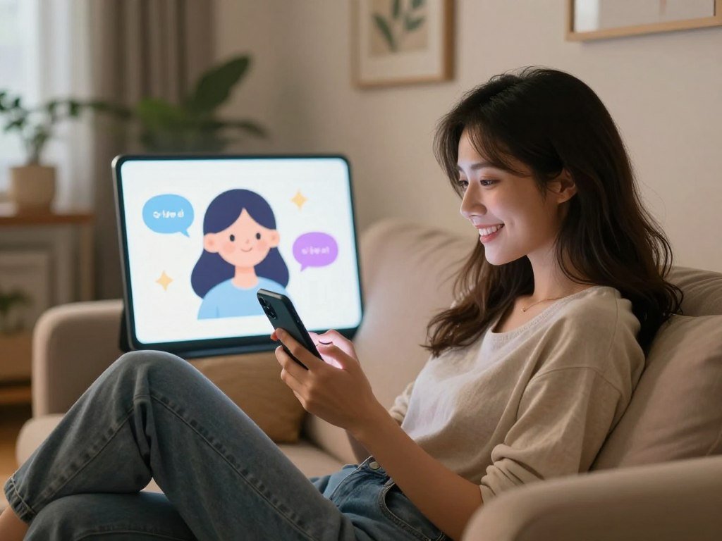 A cozy, inviting scene depicting a young woman engaging in a chat experience with an AI girlfriend on her smartphone. In the foreground, the woman is comfortably seated on a plush couch, wearing modest casual clothing, with a warm smile as she interacts with her device. The middle ground features a softly glowing screen showcasing an abstract representation of the AI, indicating friendly and fun conversation flow. The background includes a softly lit room with decorative plants and tasteful artwork that adds to the inviting atmosphere. The lighting is warm and soft, creating a cozy ambiance, with the scene captured in a slightly elevated angle to emphasize the connection between the woman and the AI. The brand name "Sexlove.ai" subtly integrated into the design enhances the modern technological feel without being overpowering. - The Ultimate Guide to AI Girlfriends-Sexlove.ai A cozy inviting scene depicting a young woman engaging in a chat experience with an AI girlfriend on her smartphone In the foreground the woman is comfortably seated on a plush couch wearing modest casual clothing with a warm smile as she interacts with her device The middle ground features a softly glowing screen showcasing an abstract representation of the AI indicating friendly and fun conversation flow The background includes a softly lit room with decorative plants and tasteful artwork that adds to the inviting atmosphere The lighting is warm and soft creating a cozy ambiance with the scene captured in a slightly elevated angle to emphasize the connection between the woman and the AI The brand name Sexloveai subtly integrated into the design enhances the modern technological feel without being overpowering