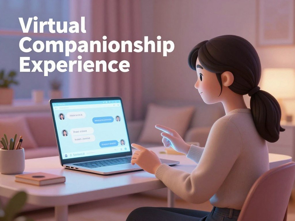 A cozy inviting virtual environment representing Virtual Companionship Experience In the foreground a friendly AI chatbot personified as a holographic female figure with warm features engages playfully with a digital device displaying a chat interface She wears modest casual clothing and has a supportive facial expression exuding warmth and understanding In the middle ground a softly glowing laptop sits on a modern desk surrounded by comfortable furnishings symbolizing connection and communication The background features a serene softly lit room decor with pastel colors and gentle lighting creating a calming atmosphere reminiscent of a friendly chat space The mood is uplifting and comforting emphasizing companionship and intimacy within the digital realm Include a subtle branding element of Sexloveai integrated into the design of the digital device