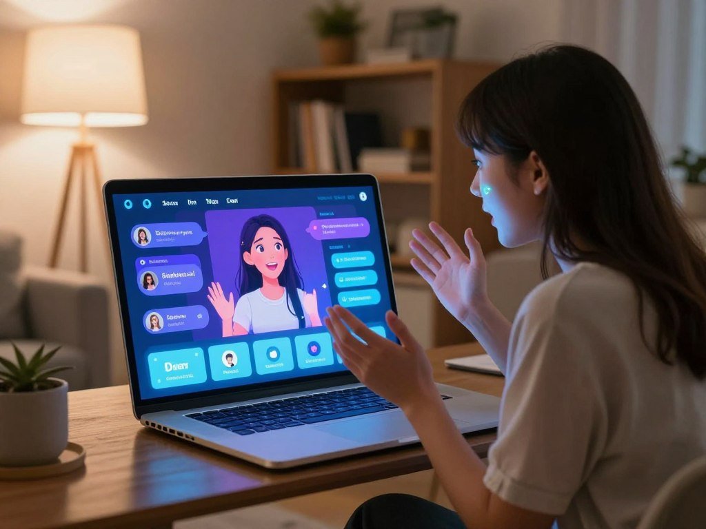 A cozy, modern living room featuring an AI girlfriend chatbot interface on a sleek laptop screen. In the foreground, a young woman in smart casual attire, engaged in an animated conversation with the digital interface, shows glowing emotions through her body language. The midground displays the glowing laptop screen with vibrant graphics illustrating the chatbot's features, including voice, image, and video integration. Soft lighting from a floor lamp casts a warm glow, creating an inviting atmosphere. In the background, a bookshelf filled with tech books and personal items adds depth, suggesting a blend of personal interaction and advanced technology. The overall mood is imaginative yet grounded, reflecting a realistic chat experience with "Sexlove.ai". - The Ultimate Guide to AI Girlfriends-Sexlove.ai A cozy modern living room featuring an AI girlfriend chatbot interface on a sleek laptop screen In the foreground a young woman in smart casual attire engaged in an animated conversation with the digital interface shows glowing emotions through her body language The midground displays the glowing laptop screen with vibrant graphics illustrating the chatbots features including voice image and video integration Soft lighting from a floor lamp casts a warm glow creating an inviting atmosphere In the background a bookshelf filled with tech books and personal items adds depth suggesting a blend of personal interaction and advanced technology The overall mood is imaginative yet grounded reflecting a realistic chat experience with Sexloveai