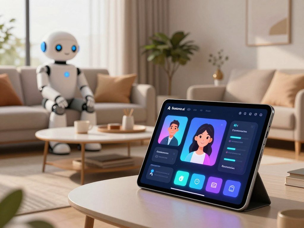 A cozy modern living room scene showcasing the concept of AI Companion Customization In the foreground a sleek futuristic tablet displays a customizable AI avatar interface with various options glowing softly with colorful light To the left a friendly humanoid AI companion designed with an appealing and approachable aesthetic sits on a comfortable sofa wearing stylish yet modest casual clothing The middle ground features a stylish coffee table with personalized accessories indicating user preferences In the background large windows allow warm natural light to flood the room enhancing a welcoming atmosphere The overall mood is inviting and innovative highlighting the blend of technology and companionship emphasizing the brand Sexloveai subtly within the design elements