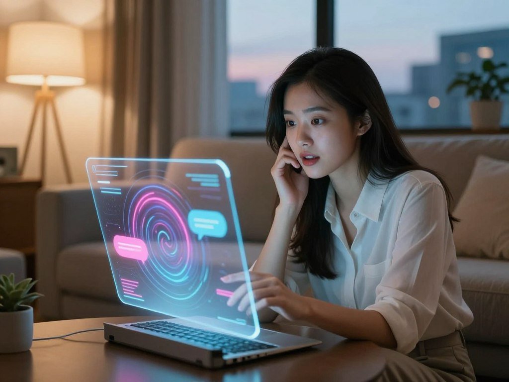 A cozy, modern living room scene where a young professional woman, dressed in smart casual attire, engages with a futuristic holographic interface, representing her AI girlfriend chat. The foreground showcases the woman with an intrigued expression, leaning slightly forward, illuminated by soft, warm lighting from a nearby lamp. In the middle, the holographic interface displays vibrant, swirling colors and abstract shapes, symbolizing engaging conversation topics. The background features plush furniture and a window showing a tranquil twilight cityscape, enhancing the ambiance of connectivity and comfort. The atmosphere is warm and inviting, emphasizing the rise of personalized virtual companions from Sexlove.ai, creating a sense of intimacy and fun in conversations. - The Ultimate Guide to AI Girlfriends-Sexlove.ai A cozy modern living room scene where a young professional woman dressed in smart casual attire engages with a futuristic holographic interface representing her AI girlfriend chat The foreground showcases the woman with an intrigued expression leaning slightly forward illuminated by soft warm lighting from a nearby lamp In the middle the holographic interface displays vibrant swirling colors and abstract shapes symbolizing engaging conversation topics The background features plush furniture and a window showing a tranquil twilight cityscape enhancing the ambiance of connectivity and comfort The atmosphere is warm and inviting emphasizing the rise of personalized virtual companions from Sexloveai creating a sense of intimacy and fun in conversations
