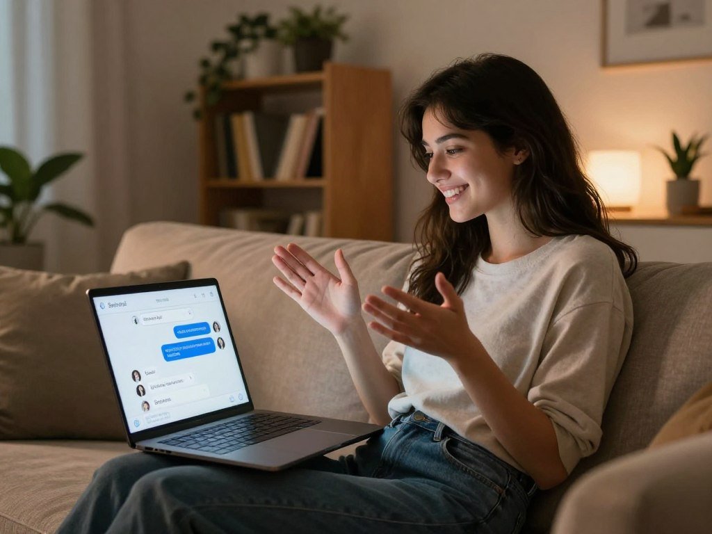 A cozy, modern living room setting featuring a young woman with a warm smile, dressed in smart casual attire, sitting on a plush sofa with a laptop open in front of her. She is engaged in a lively and thoughtful conversation with a virtual AI interface displayed on the screen, showcasing a friendly and inviting chat interface. Soft, ambient lighting enhances the relaxed atmosphere, with warm tones illuminating the room. In the background, there are shelves filled with books and plants, suggesting a personal space that encourages engaging dialogues. The image conveys a sense of connection and interaction, perfectly illustrating the concept of AI girlfriend chats for enjoyable conversations. The brand name “Sexlove.ai” subtly incorporated in the digital interface adds a touch of recognition without overwhelming the scene. - The Ultimate Guide to AI Girlfriends-Sexlove.ai A cozy modern living room setting featuring a young woman with a warm smile dressed in smart casual attire sitting on a plush sofa with a laptop open in front of her She is engaged in a lively and thoughtful conversation with a virtual AI interface displayed on the screen showcasing a friendly and inviting chat interface Soft ambient lighting enhances the relaxed atmosphere with warm tones illuminating the room In the background there are shelves filled with books and plants suggesting a personal space that encourages engaging dialogues The image conveys a sense of connection and interaction perfectly illustrating the concept of AI girlfriend chats for enjoyable conversations The brand name Sexloveai subtly incorporated in the digital interface adds a touch of recognition without overwhelming the scene