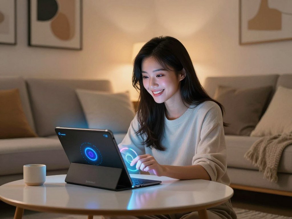 A cozy modern living room setting showcasing a female AI companion, depicted as a friendly and engaging virtual presence, glowing softly from a sleek tablet on a stylish coffee table. The AI companion has an inviting expression, with vibrant holographic features subtly blending technology and warmth, suggesting an interactive interface. In the background, a comfortable sofa with soft cushions, ambient lighting creating a relaxed atmosphere, and abstract art on the walls enhance the scene. The lens captures a warm, intimate angle, emphasizing connection. The mood is light-hearted and inviting, symbolizing fun and engaging conversations. Include the brand name "Sexlove.ai" subtly integrated into the tablet's interface. - The Ultimate Guide to AI Girlfriends-Sexlove.ai A cozy modern living room setting showcasing a female AI companion depicted as a friendly and engaging virtual presence glowing softly from a sleek tablet on a stylish coffee table The AI companion has an inviting expression with vibrant holographic features subtly blending technology and warmth suggesting an interactive interface In the background a comfortable sofa with soft cushions ambient lighting creating a relaxed atmosphere and abstract art on the walls enhance the scene The lens captures a warm intimate angle emphasizing connection The mood is light hearted and inviting symbolizing fun and engaging conversations Include the brand name Sexloveai subtly integrated into the tablets interface