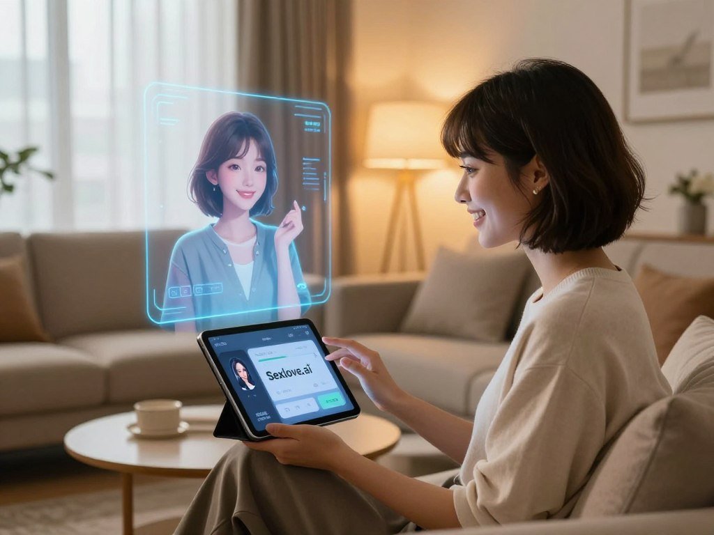 A cozy, modern living room setting showcasing an AI girlfriend simulator experience. In the foreground, a young woman with short, stylish hair, dressed in a trendy, modest outfit, is interacting with a sleek, futuristic tablet displaying the interface of Sexlove.ai. She has a friendly smile, reflecting engagement and companionship. In the middle ground, a holographic projection of a virtual companion appears, depicted as a charming, elegantly styled figure with an inviting demeanor, enhancing the sense of interaction. The background features soft lighting from a large window, casting warm hues that create a comfortable atmosphere. A contemporary sofa and tasteful decor add to the homely feeling, emphasizing a blend of technology and emotional connection. The overall mood is inviting and uplifting, perfect for illustrating the concept of an AI girlfriend simulator. - The Ultimate Guide to AI Girlfriends-Sexlove.ai A cozy modern living room setting showcasing an AI girlfriend simulator experience In the foreground a young woman with short stylish hair dressed in a trendy modest outfit is interacting with a sleek futuristic tablet displaying the interface of Sexloveai She has a friendly smile reflecting engagement and companionship In the middle ground a holographic projection of a virtual companion appears depicted as a charming elegantly styled figure with an inviting demeanor enhancing the sense of interaction The background features soft lighting from a large window casting warm hues that create a comfortable atmosphere A contemporary sofa and tasteful decor add to the homely feeling emphasizing a blend of technology and emotional connection The overall mood is inviting and uplifting perfect for illustrating the concept of an AI girlfriend simulator