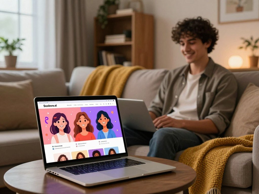 A cozy modern living room setting that embodies the essence of virtual companionship In the foreground a laptop displays the website Sexloveai showcasing an engaging interface with vibrant images of friendly avatars symbolizing AI girlfriends The middle ground features a comfortable sofa with a warm blanket where a young adult man is casually dressed smiling as he interacts with the laptop illustrating emotional support and companionship Soft ambient lighting filters through the window creating a serene atmosphere In the background bookshelves filled with novels and plants add a touch of homeliness reinforcing a sense of connection and comfort The overall mood is inviting and uplifting emphasizing the exploration of virtual companionship