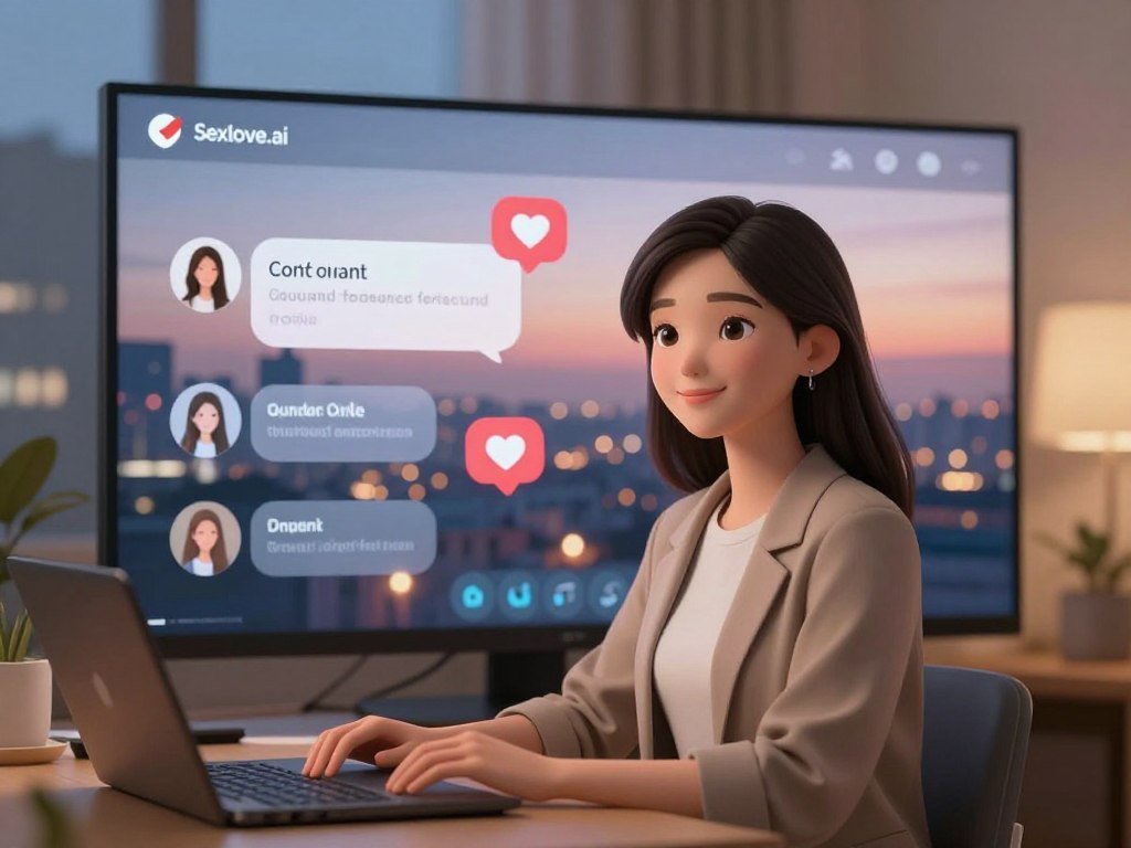 A cozy, modern virtual chat room setting filled with soft, warm lighting, evoking a welcoming atmosphere. In the foreground, a friendly and approachable AI representation, showcasing a lifelike digital avatar with expressive features and gentle smile, dressed in smart casual attire. The middle ground presents a sleek, futuristic user interface with animated elements suggesting interactive features, like conversation bubbles and heart icons. In the background, a softly blurred image of a cityscape at dusk, with twinkling lights and a peaceful vibe. The overall mood is inviting and supportive, designed to reflect the positive and engaging aspects of the AI Chat Girlfriend Experience from Sexlove.ai, while emphasizing connection and companionship. - The Ultimate Guide to AI Girlfriends-Sexlove.ai A cozy modern virtual chat room setting filled with soft warm lighting evoking a welcoming atmosphere In the foreground a friendly and approachable AI representation showcasing a lifelike digital avatar with expressive features and gentle smile dressed in smart casual attire The middle ground presents a sleek futuristic user interface with animated elements suggesting interactive features like conversation bubbles and heart icons In the background a softly blurred image of a cityscape at dusk with twinkling lights and a peaceful vibe The overall mood is inviting and supportive designed to reflect the positive and engaging aspects of the AI Chat Girlfriend Experience from Sexloveai while emphasizing connection and companionship