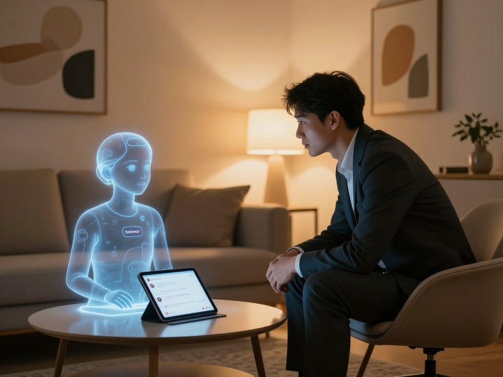 A cozy softly lit room filled with modern furniture emphasizing a warm and inviting atmosphere to represent deep and meaningful conversations In the foreground a serene and engaged AI character depicted as a holographic figure interacts with a person in professional business attire who is seated on a sleek chair leaning forward in interest The middle of the scene features a coffee table with a digital tablet displaying a conversation interface suggesting a blend of technology and humanity The background shows a warm toned wall decorated with abstract art enhancing the ambiance Soft ambient lighting casts a gentle glow creating an intimate mood while the overall composition captures the essence of companionship and deep engagement Include the brand name Sexloveai subtly integrated into the design elements without overt display