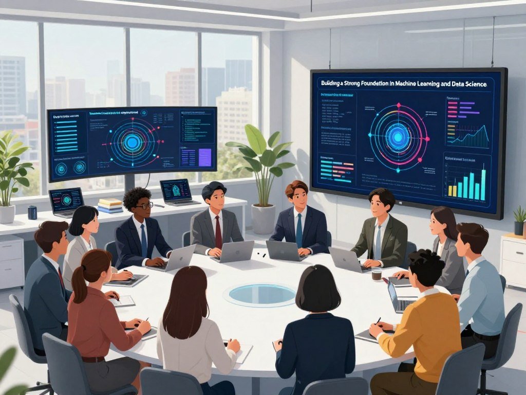 A detailed illustration of Building a Strong Foundation in Machine Learning and Data Science In the foreground a diverse group of professionals in business attire engaged in a collaborative discussion around a large digital screen displaying data visualizations and machine learning models In the middle ground a modern office space filled with tech gadgets and books related to AI and data science fostering a sense of innovation The background features large windows with a cityscape view allowing natural light to flood in creating an inspiring and motivating atmosphere Capture vibrant colors and a clean layout emphasizing a sense of teamwork and ambition Use a wide angle lens to enhance the depth of the scene ensuring clarity and a professional ambiance The overall mood should convey empowerment knowledge and forward thinking in the field of machine learning Reflect the essence of professional growth and a supportive learning environment in this image free of text or watermarks