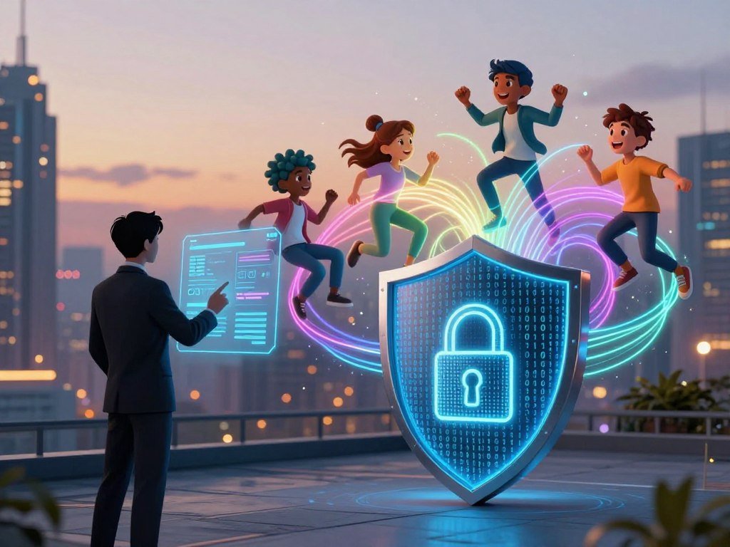 A digital landscape showcasing the theme of privacy and data security in AI games. In the foreground, a shield made of binary code symbolizes security, with a lock symbol at its center. To the left, a silhouette of a person in professional business attire interacts with a holographic interface displaying gaming data, emphasizing the personal touch of AI interactions. In the middle ground, vibrant AI-generated avatars representing diverse characters playfully engage, each emanating colorful, glowing lines of code that intertwine – suggesting data flow yet secured within the shield. The background features a futuristic city skyline at dusk, with warm lighting and a serene atmosphere, underscoring trust in technology. Subtle branding elements of "Sexlove.ai" can be integrated within the holographic display, maintaining a focus on privacy. - The Ultimate Guide to AI Girlfriends-Sexlove.ai A digital landscape showcasing the theme of privacy and data security in AI games In the foreground a shield made of binary code symbolizes security with a lock symbol at its center To the left a silhouette of a person in professional business attire interacts with a holographic interface displaying gaming data emphasizing the personal touch of AI interactions In the middle ground vibrant AI generated avatars representing diverse characters playfully engage each emanating colorful glowing lines of code that intertwine suggesting data flow yet secured within the shield The background features a futuristic city skyline at dusk with warm lighting and a serene atmosphere underscoring trust in technology Subtle branding elements of Sexloveai can be integrated within the holographic display maintaining a focus on privacy