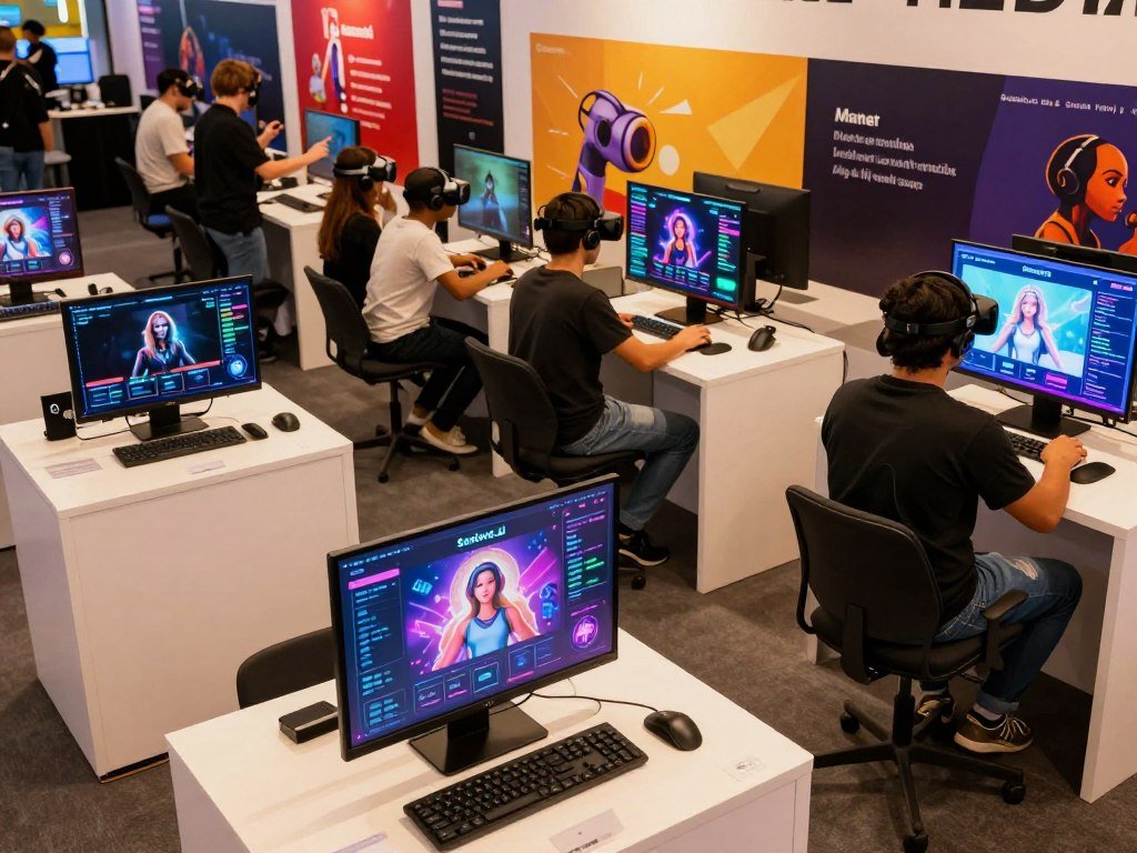 A dynamic digital art scene depicting market trends for AI girlfriend games. In the foreground, a brightly lit, modern gaming booth showcases a trending game titled "Sexlove.ai," featuring an engaging interface and a demo of interactive AI characters. In the middle, gamers of diverse backgrounds (presented in modest casual clothing) are interacting with VR headsets and large digital screens displaying colorful graphics and player statistics. The background includes a bustling exhibition area with vibrant banners and posters illustrating trends and innovations in AI gaming. Use warm, inviting lighting to create an energetic atmosphere, with a focus on the excitement surrounding the gaming experiences. The angle should be slightly elevated to capture the full breadth of the scene, emphasizing engagement and innovation in the AI girlfriend games market. - The Ultimate Guide to AI Girlfriends-Sexlove.ai A dynamic digital art scene depicting market trends for AI girlfriend games In the foreground a brightly lit modern gaming booth showcases a trending game titled Sexloveai featuring an engaging interface and a demo of interactive AI characters In the middle gamers of diverse backgrounds presented in modest casual clothing are interacting with VR headsets and large digital screens displaying colorful graphics and player statistics The background includes a bustling exhibition area with vibrant banners and posters illustrating trends and innovations in AI gaming Use warm inviting lighting to create an energetic atmosphere with a focus on the excitement surrounding the gaming experiences The angle should be slightly elevated to capture the full breadth of the scene emphasizing engagement and innovation in the AI girlfriend games market