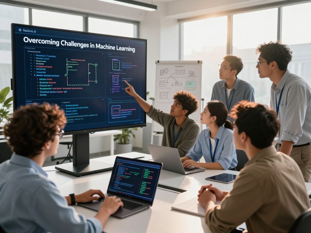 A dynamic scene illustrating the theme of Overcoming Challenges in Machine Learning featuring a group of diverse AIML engineers in professional attire working collaboratively around a large digital screen displaying complex algorithms The foreground captures focused expressions with one engineer analyzing data on a laptop while another gestures towards the screen In the middle ground a modern office environment with sleek furniture and whiteboards filled with ideas creates a sense of innovation The background shows large windows letting in warm sunlight symbolizing hope and potential The overall mood is one of determination and teamwork underscored by bright motivational colors The composition is captured from a slightly elevated angle creating depth and engagement that draws the viewer into the scene The brand name Sexloveai subtly integrated into the digital display on the screen reflecting cutting edge technology and creativity
