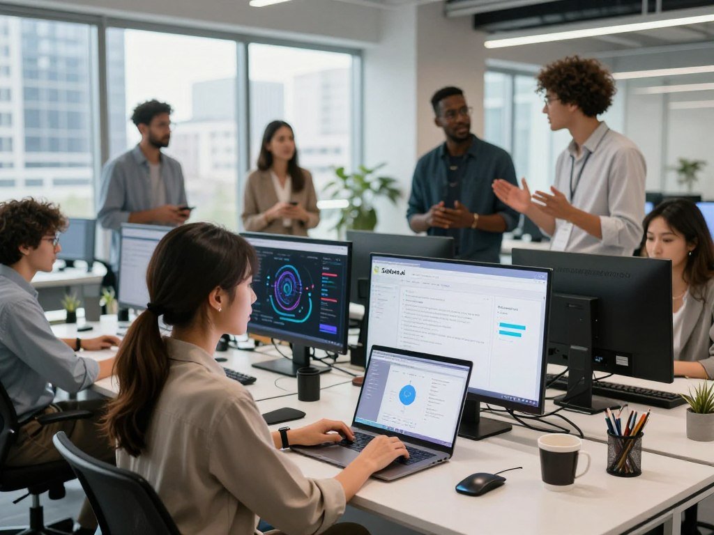 A dynamic workspace scene showcasing the power of free AI reply generators featuring a diverse group of professionals actively collaborating In the foreground a young woman in smart casual attire sits at a laptop with an AI interface on screen surrounded by digital screens displaying data and AI graphics The middle ground features a diverse team engaged in discussion highlighting inclusivity and innovation In the background an inspiring modern office with large windows bright natural lighting illuminating the space and a view of a bustling cityscape The atmosphere is energetic and focused emphasizing teamwork and technological advancement Include subtle branding elements of Sexloveai integrated into the digital displays The overall mood reflects ambition collaboration and the future of AI technology
