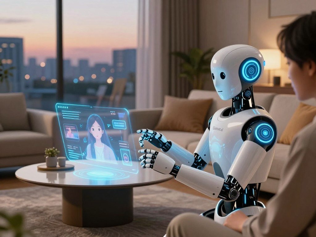 A futuristic AI companion concept featuring a sophisticated robot in a cozy, modern living room setting. In the foreground, a sleek, humanoid robot with soft, friendly features and glowing blue accents engages with a user, showcasing an advanced, interactive interface on its arm. The middle ground includes a stylish, high-tech coffee table with holographic displays of virtual relationships and communication tools. In the background, large windows reveal a serene cityscape at dusk, where soft, warm lighting creates an inviting atmosphere. The scene has a balance of high-tech elements and comforting home aesthetics, conveying a sense of companionship and innovation. Include the brand name "Sexlove.ai" subtly integrated into the design without disrupting the visual harmony. - The Ultimate Guide to AI Girlfriends-Sexlove.ai A futuristic AI companion concept featuring a sophisticated robot in a cozy modern living room setting In the foreground a sleek humanoid robot with soft friendly features and glowing blue accents engages with a user showcasing an advanced interactive interface on its arm The middle ground includes a stylish high tech coffee table with holographic displays of virtual relationships and communication tools In the background large windows reveal a serene cityscape at dusk where soft warm lighting creates an inviting atmosphere The scene has a balance of high tech elements and comforting home aesthetics conveying a sense of companionship and innovation Include the brand name Sexloveai subtly integrated into the design without disrupting the visual harmony