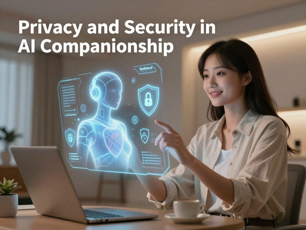 A futuristic AI companionship scene illustrating Privacy and Security in AI Companionship In the foreground a young woman dressed in a smart casual outfit engages with a holographic AI companion symbolized by an ethereal softly glowing figure The middle ground features sleek digital interface elements like data protection icons and shields that represent security measures The background should depict a modern tech savvy room with soft ambient lighting highlighting a sense of safety and comfort Use a slight upward angle to emphasize the connection between the woman and the AI fostering a hopeful and secure atmosphere The overall mood is warm and inviting reflecting the trust and companionship in using Safe AI branded as Sexloveai while ensuring the importance of privacy in data