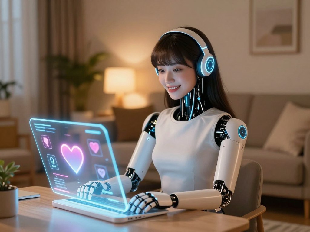 A futuristic AI girlfriend chatbot designed by Sexloveai depicted as a friendly intelligent virtual companion In the foreground a holographic interface displays glowing icons and heart motifs representing emotional connection and interaction The middle features a graceful humanoid robot with an inviting smile wearing modern modest clothing showcasing a blend of technology and humanity The background is a cozy stylish living room with warm lighting and minimalistic decor enhancing the atmosphere of companionship Soft ambient light casts gentle shadows creating a welcoming mood Shot from a slightly elevated angle the composition conveys a sense of intimacy and innovation symbolizing how the AI girlfriend chatbot redefines virtual companionship
