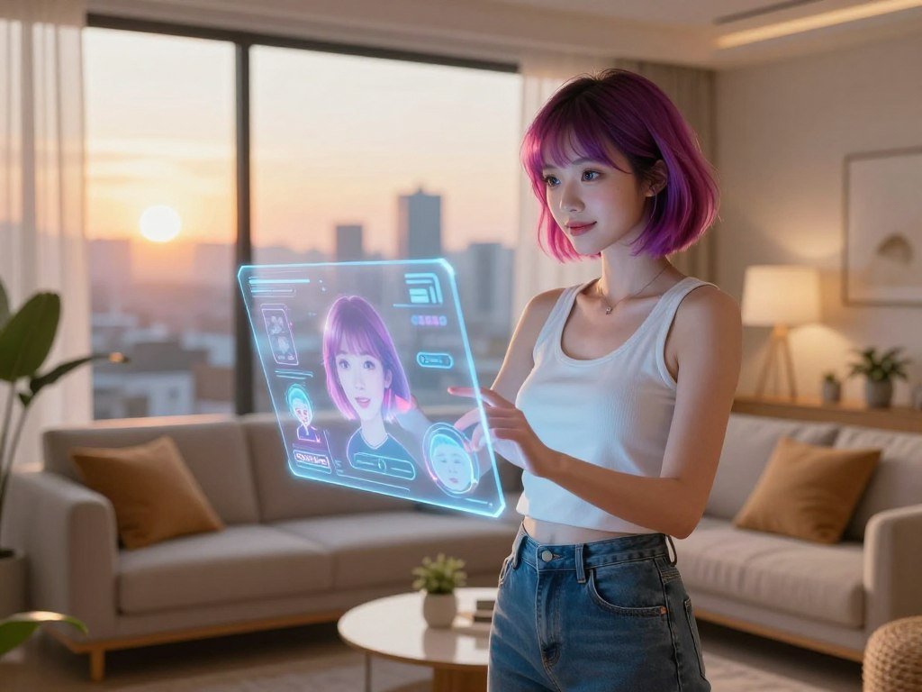 A futuristic AI girlfriend companion designed to be visually appealing and friendly standing gracefully in a cozy bright living room The foreground features her with short vibrant hair and expressive eyes dressed in stylish yet modest casual attire She interacts with a high tech holographic interface displaying various expressions and virtual features In the middle the room is adorned with soft cushions houseplants and ambient lighting that creates a warm atmosphere suggesting comfort and companionship The background shows a softly blurred scene of a city skyline through a large window bathed in the golden light of sunset The overall mood is inviting and harmonious exemplifying the seamless blend of technology and human like warmth Brand name Sexloveai
