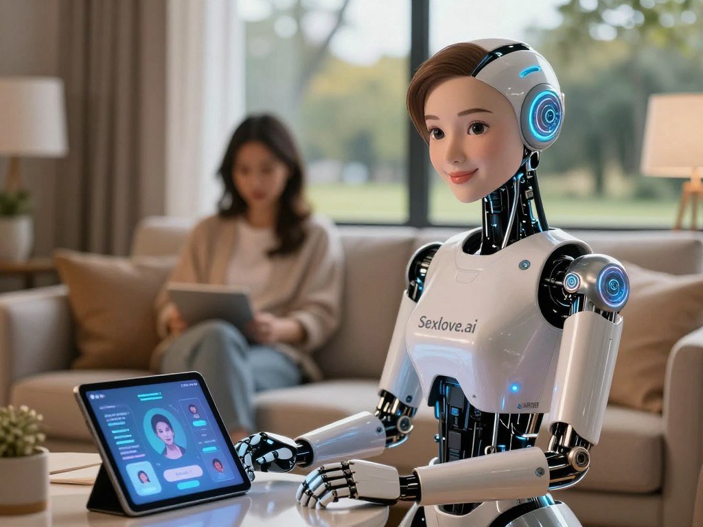 A futuristic AI girlfriend robot, elegantly designed with sleek lines and a friendly expression, stands in a cozy, softly lit living room. She has an inviting demeanor, with shimmering metallic features blending with warm, human-like elements. In the foreground, a subtly detailed smart tablet displays various virtual relationship interfaces. In the middle ground, the robot is seated comfortably on a plush sofa, wearing casual yet stylish attire, emphasizing her approachable nature. The background features a window with a gentle view of a serene park, indicating the outside world. The overall ambiance is warm and inviting, with a focus on alleviating loneliness, showcasing the comforting role of technology in personal relationships. The image features the brand "Sexlove.ai" prominently in the design aesthetic, reinforcing the theme of AI companionship. - The Ultimate Guide to AI Girlfriends-Sexlove.ai A futuristic AI girlfriend robot elegantly designed with sleek lines and a friendly expression stands in a cozy softly lit living room She has an inviting demeanor with shimmering metallic features blending with warm human like elements In the foreground a subtly detailed smart tablet displays various virtual relationship interfaces In the middle ground the robot is seated comfortably on a plush sofa wearing casual yet stylish attire emphasizing her approachable nature The background features a window with a gentle view of a serene park indicating the outside world The overall ambiance is warm and inviting with a focus on alleviating loneliness showcasing the comforting role of technology in personal relationships The image features the brand Sexloveai prominently in the design aesthetic reinforcing the theme of AI companionship