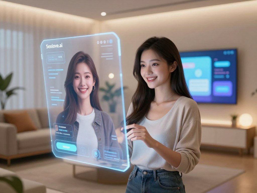 A futuristic and inviting digital space that depicts a virtual girlfriend service motif featuring a friendly artificial intelligence character In the foreground a stylishly designed semi transparent holographic interface displays the avatar of a virtual girlfriend dressed in modest trendy attire Her expression is warm and engaging set within a cozy softly lit environment that hints at comfort and companionship The middle ground showcases a sleek modern living room with smart technology hints including screens displaying user friendly apps and algorithms The background features abstract digital landscapes creating a futuristic ambiance while gentle ambient lighting casts a soft glow The overall mood is positive warm and inviting symbolizing companionship and innovation with the brand name Sexloveai subtly integrated into the design elements