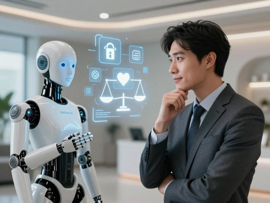 A futuristic and visually appealing scene illustrating the concept of ethical considerations in AI companionship In the foreground a thoughtful individual in professional attire is engaging with a humanoid AI companion that displays a warm and inviting demeanor The middle ground features digital elements such as floating icons representing data privacy symbols heart shapes and ethical scales that suggest companionship and moral responsibility The background is a serene modern environment with soft ambient lighting to evoke a sense of positivity and trust The mood is contemplative yet hopeful symbolizing the balance between innovation and ethical guidelines The brand name Sexloveai subtly integrated into the environment without overt branding