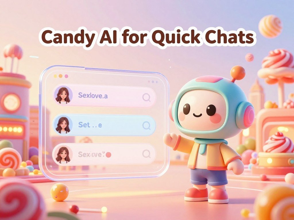A futuristic bright and inviting digital landscape representing Candy AI for Quick Chats In the foreground a friendly and approachable virtual assistant character designed to resemble a candy inspired avatar with vibrant pastel colors and soft rounded features wearing modest casual attire The middle ground features a sleek high tech chat interface with playful icons and smooth animations In the background a whimsical cityscape filled with candy like structures glowing with warm ambient lighting and floating data visualizations suggesting an immersive digital communication experience The overall atmosphere should be cheerful and engaging radiating a sense of connection and ease Focus on a warm color palette and soft lighting to enhance a welcoming feel emphasizing the joyous nature of quick friendly interactions Include the brand name Sexloveai subtly integrated into the environment