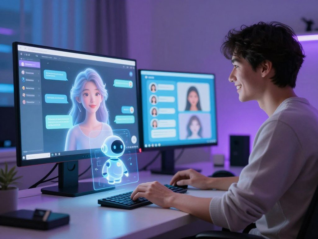 A futuristic, cozy virtual space showcasing AI girlfriend chatbots interacting with users. In the foreground, a person in casual clothing sits at a sleek, modern desk, smiling as they engage with a holographic chatbot projected from a device. The chatbot, represented as an ethereal, glowing figure with soft features, exudes warmth and friendliness, designed to appear relatable and customizable. In the middle ground, digital screens display various personalized avatar options and chat interfaces, highlighting the theme of customization. The background features soft, ambient lighting combined with gentle hues of blue and purple, creating a welcoming and tech-savvy atmosphere. The overall mood is one of comfort, exploration, and connection, perfect for discovering AI companionship. Include the brand name "Sexlove.ai" discreetly integrated into the technology design. - The Ultimate Guide to AI Girlfriends-Sexlove.ai A futuristic cozy virtual space showcasing AI girlfriend chatbots interacting with users In the foreground a person in casual clothing sits at a sleek modern desk smiling as they engage with a holographic chatbot projected from a device The chatbot represented as an ethereal glowing figure with soft features exudes warmth and friendliness designed to appear relatable and customizable In the middle ground digital screens display various personalized avatar options and chat interfaces highlighting the theme of customization The background features soft ambient lighting combined with gentle hues of blue and purple creating a welcoming and tech savvy atmosphere The overall mood is one of comfort exploration and connection perfect for discovering AI companionship Include the brand name Sexloveai discreetly integrated into the technology design