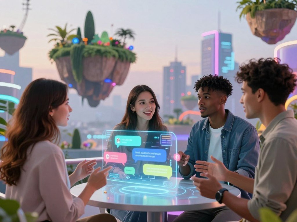 A futuristic digital environment showcasing immersive chat and roleplay experiences powered by Sexloveai In the foreground a diverse group of three individuals a woman and two men are engaged in a lively conversation wearing modern casual attire The woman has long flowing hair and the men have stylish haircuts They are gathered around a holographic interface displaying vibrant chat bubbles and interactive elements that illustrate their dialogue In the middle ground a virtual landscape of floating islands with lush greenery and bright colors enhances the setting suggesting a playful and imaginative atmosphere The background features a soft focus city skyline illuminated by neon lights at dusk creating an inviting high tech mood Use soft diffused lighting to highlight the characters while casting gentle shadows making the scene feel engaging and dynamic
