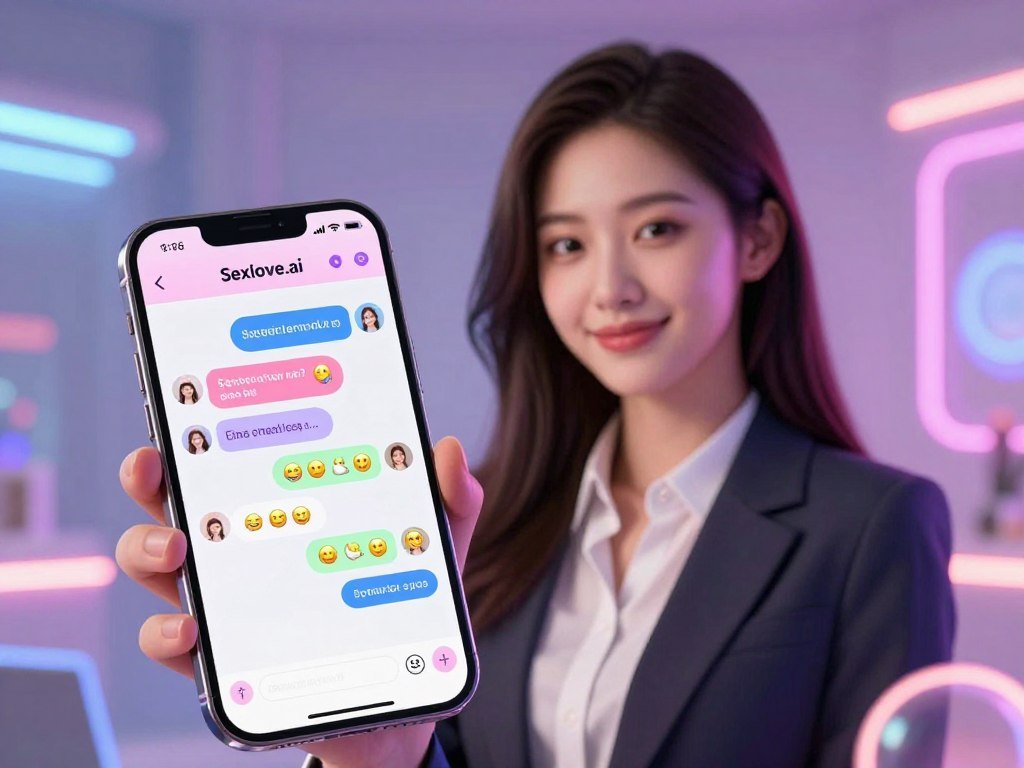 A futuristic digital interaction scene showcasing an advanced virtual girlfriend chat interface representing the brand Sexloveai In the foreground a sleek user friendly smartphone displays an engaging chat interface with vibrant colors and animated emojis symbolizing lively conversations In the middle a soft focus view of a stylish realistic digital avatar of a virtual girlfriend with friendly and inviting features dressed in professional attire exuding a warm approachable vibe The background is filled with ethereal glowing elements that hint at artificial intelligence and technological sophistication casting soft neon lights to create a romantic atmosphere The overall mood is intimate and futuristic emphasizing connection and advanced features captured with a harmonious color palette and a slightly blurred focus to enhance the dream like quality