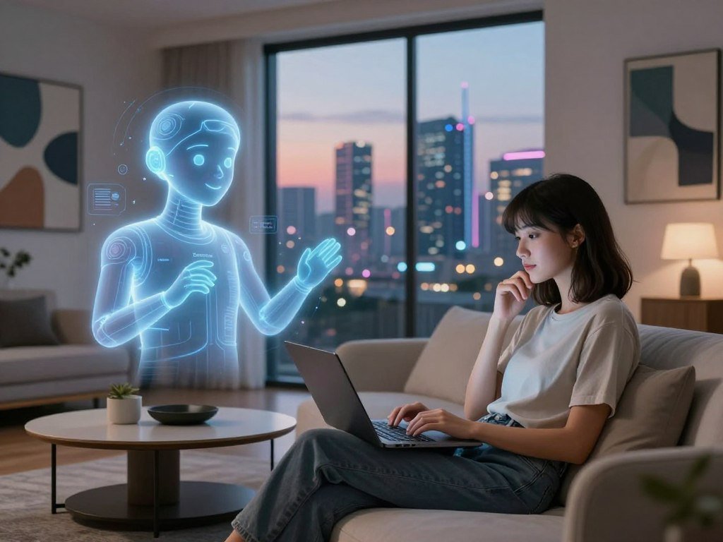 A futuristic digital landscape featuring a serene inviting room where an AI companion is interacting with a user In the foreground a young woman with shoulder length hair dressed in modest casual clothing sits comfortably on a modern sofa looking engaged and thoughtful as she types on a sleek laptop The AI companion manifests as a holographic figure displaying a friendly visage with soft glowing accents appearing interactive and warm In the middle ground a coffee table with minimalistic decor complements the cozy environment while abstract art lines the walls hinting at advanced technology The background showcases a large window with a view of a vibrant futuristic city skyline at twilight illuminated by gentle colorful lights Soft ambient lighting creates a calm atmosphere emphasizing the connection between human and AI Incorporate elements of the brand Sexloveai subtly within the decor