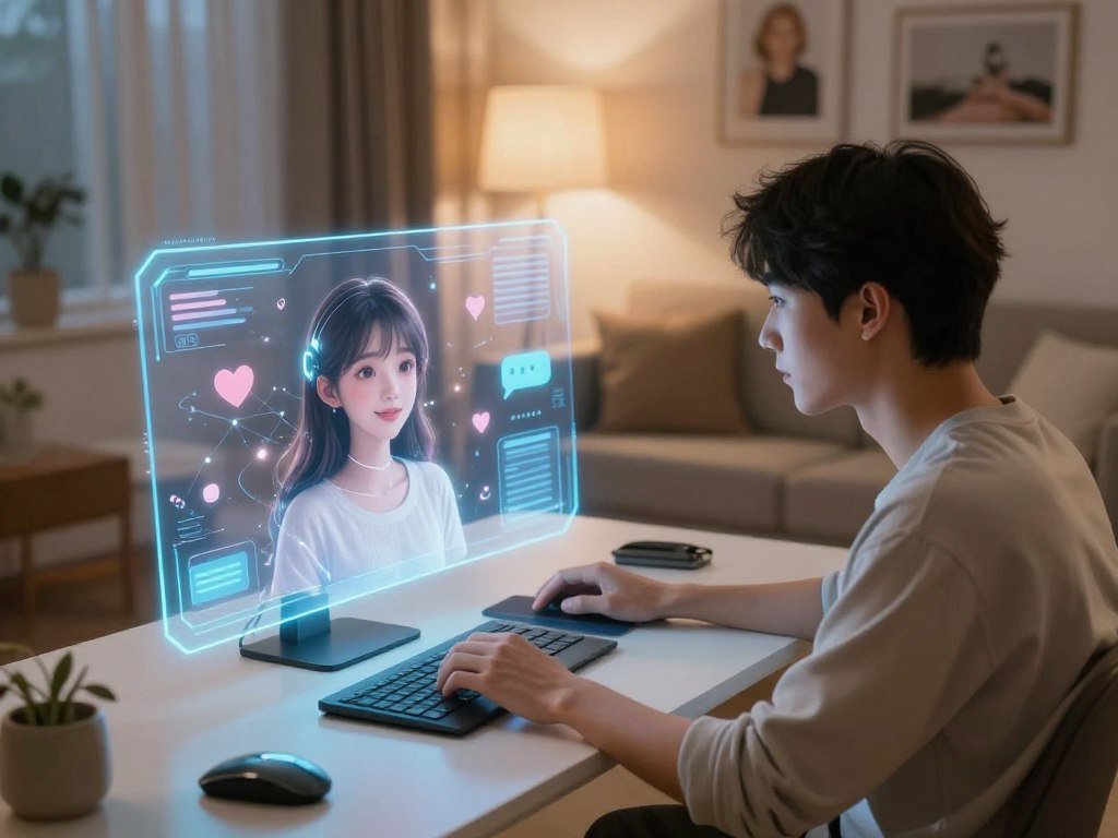 A futuristic digital landscape showcasing a serene interaction between a user and a virtual AI girlfriend from Sexlove.ai. In the foreground, a young individual in modest casual clothing sits comfortably at a sleek, modern desk, engaged with a holographic display emanating from a device, featuring a friendly and approachable AI avatar. The middle layer reveals a softly glowing, futuristic interface with graphical elements symbolizing connection—hearts, chat bubbles, and abstract patterns. In the background, a cozy room is ambiently lit with warm colors, featuring soft furnishings and inspirational images, creating a welcoming atmosphere. The lens captures the scene from a slightly elevated angle, emphasizing the connection between technology and human emotion, evoking feelings of companionship and understanding. - The Ultimate Guide to AI Girlfriends-Sexlove.ai A futuristic digital landscape showcasing a serene interaction between a user and a virtual AI girlfriend from Sexloveai In the foreground a young individual in modest casual clothing sits comfortably at a sleek modern desk engaged with a holographic display emanating from a device featuring a friendly and approachable AI avatar The middle layer reveals a softly glowing futuristic interface with graphical elements symbolizing connectionhearts chat bubbles and abstract patterns In the background a cozy room is ambiently lit with warm colors featuring soft furnishings and inspirational images creating a welcoming atmosphere The lens captures the scene from a slightly elevated angle emphasizing the connection between technology and human emotion evoking feelings of companionship and understanding