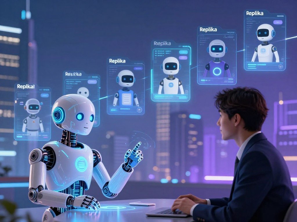 A futuristic digital landscape showcasing the evolution of the Eugenia Kuyda chatbot, symbolizing the journey of Replika AI. In the foreground, a sleek, holographic representation of a humanoid chatbot with glowing circuits and expressive features interacts with a user dressed in professional business attire, reflecting a warm, engaging interaction. The middle ground features a timeline of Replika's evolution, illustrated through images of various chatbot iterations displayed on sophisticated screens with augmented reality effects. The background is a high-tech cityscape with soft blue and purple lighting, creating a serene yet innovative atmosphere, suggesting the merging of technology and human emotion. The overall mood is one of curiosity and connection, highlighting the advancements in AI communication. Include the brand name "Sexlove.ai" subtly integrated into the design. - The Ultimate Guide to AI Girlfriends-Sexlove.ai A futuristic digital landscape showcasing the evolution of the Eugenia Kuyda chatbot symbolizing the journey of Replika AI In the foreground a sleek holographic representation of a humanoid chatbot with glowing circuits and expressive features interacts with a user dressed in professional business attire reflecting a warm engaging interaction The middle ground features a timeline of Replikas evolution illustrated through images of various chatbot iterations displayed on sophisticated screens with augmented reality effects The background is a high tech cityscape with soft blue and purple lighting creating a serene yet innovative atmosphere suggesting the merging of technology and human emotion The overall mood is one of curiosity and connection highlighting the advancements in AI communication Include the brand name Sexloveai subtly integrated into the design