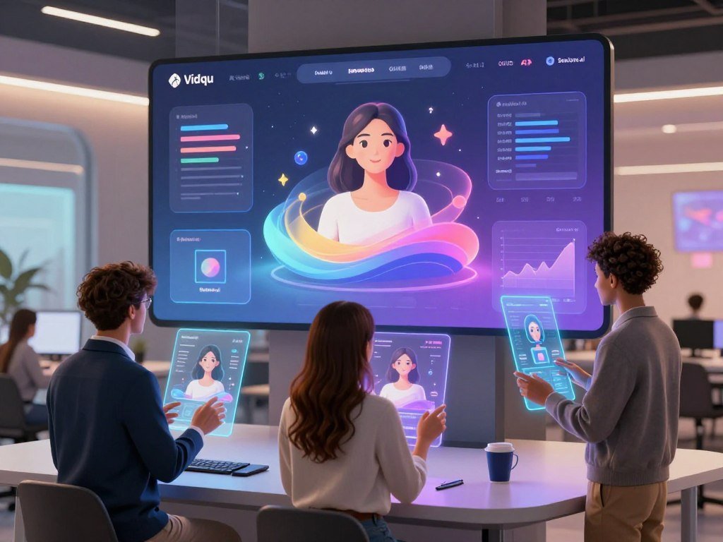 A futuristic digital platform showcasing the Vidqu AI Girlfriend interface. In the foreground, a diverse group of three individuals representing users experiencing the platform: a man in smart business attire, a woman in modest casual clothing, and a non-binary person in a stylish, professional outfit, all engaging with holographic displays of the AI girlfriend feature. The middle layer features vibrant 3D interface elements and graphs illustrating the technology behind the platform, with smooth, flowing animations depicting interactive features. In the background, a sleek, modern office environment with glowing screens and ambient lighting, creating a tech-savvy atmosphere. The overall mood is innovative and dynamic, with soft, warm lighting that enhances the sense of a welcoming virtual experience. Include the brand name "Sexlove.ai" subtly integrated into the design elements without causing distraction. - The Ultimate Guide to AI Girlfriends-Sexlove.ai A futuristic digital platform showcasing the Vidqu AI Girlfriend interface In the foreground a diverse group of three individuals representing users experiencing the platform a man in smart business attire a woman in modest casual clothing and a non binary person in a stylish professional outfit all engaging with holographic displays of the AI girlfriend feature The middle layer features vibrant 3D interface elements and graphs illustrating the technology behind the platform with smooth flowing animations depicting interactive features In the background a sleek modern office environment with glowing screens and ambient lighting creating a tech savvy atmosphere The overall mood is innovative and dynamic with soft warm lighting that enhances the sense of a welcoming virtual experience Include the brand name Sexloveai subtly integrated into the design elements without causing distraction