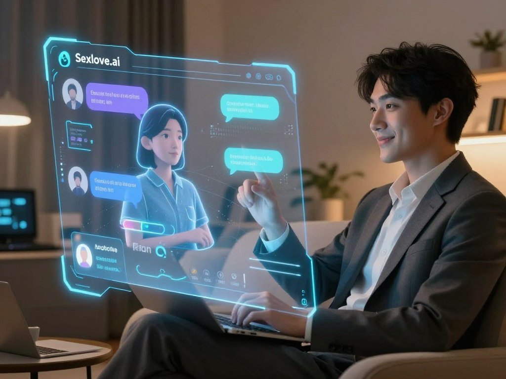 A futuristic digital space showcasing a user interacting with an AI chat companion on a sleek, holographic interface. In the foreground, a person dressed in professional attire is seated comfortably, looking engaged and smiling, embodying a sense of connection and personalization. The middle layer features a vibrant holographic display with customizable settings and animated features representing options like personality traits and conversation styles. The background is a softly lit, modern room with subtle tech accents, enhancing a sense of comfort and privacy. Warm, inviting lighting creates an atmosphere of intimacy and trust. The logo "Sexlove.ai" is subtly integrated into the design of the interface without being intrusive, suggesting a cutting-edge, user-friendly experience. - The Ultimate Guide to AI Girlfriends-Sexlove.ai A futuristic digital space showcasing a user interacting with an AI chat companion on a sleek holographic interface In the foreground a person dressed in professional attire is seated comfortably looking engaged and smiling embodying a sense of connection and personalization The middle layer features a vibrant holographic display with customizable settings and animated features representing options like personality traits and conversation styles The background is a softly lit modern room with subtle tech accents enhancing a sense of comfort and privacy Warm inviting lighting creates an atmosphere of intimacy and trust The logo Sexloveai is subtly integrated into the design of the interface without being intrusive suggesting a cutting edge user friendly experience