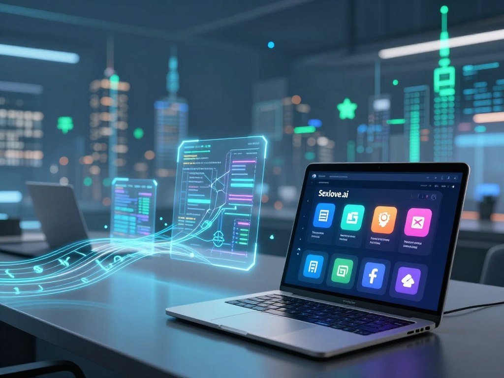 A futuristic digital workspace filled with flowing data streams and algorithmic symbols, showcasing the concept of app algorithms and memory capabilities. In the foreground, a sleek laptop displays a dynamic interface of the app "Sexlove.ai," highlighting user interactions with vibrant icons representing memory storage and algorithm optimization. In the middle ground, ethereal holographic elements visualize data processing and connectivity. The background features an abstract digital cityscape, illuminated with soft blue and green lighting, suggesting advanced technology. The mood is innovative and engaging, capturing the essence of AI interaction. Use a wide-angle lens perspective to emphasize depth, ensuring a clean and modern aesthetic without any text or branding overlays. - The Ultimate Guide to AI Girlfriends-Sexlove.ai A futuristic digital workspace filled with flowing data streams and algorithmic symbols showcasing the concept of app algorithms and memory capabilities In the foreground a sleek laptop displays a dynamic interface of the app Sexloveai highlighting user interactions with vibrant icons representing memory storage and algorithm optimization In the middle ground ethereal holographic elements visualize data processing and connectivity The background features an abstract digital cityscape illuminated with soft blue and green lighting suggesting advanced technology The mood is innovative and engaging capturing the essence of AI interaction Use a wide angle lens perspective to emphasize depth ensuring a clean and modern aesthetic without any text or branding overlays