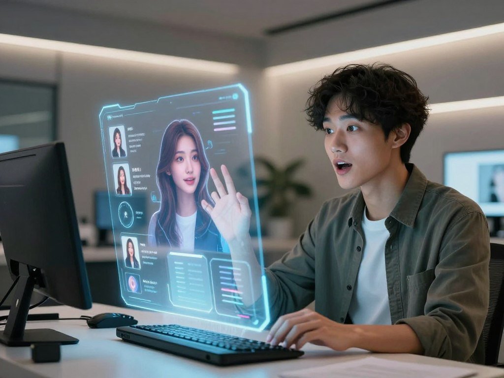 A futuristic digital workspace showcasing a person interacting with a holographic interface to customize their virtual partner using Sexloveai In the foreground the user dressed in smart casual attire expresses concentration and excitement as they select features like appearance voice and personality traits The middle layer features a glowing translucent hologram of a customizable virtual partner with varying attributes like hairstyle clothing and expressions visible The background has a sleek modern room filled with tech gadgets and soft ambient lighting creating a cozy and inviting atmosphere The overall mood is one of innovation and personal connection emphasizing the joy of personalizing a virtual relationship in a digital age The perspective is slightly angled to enhance the depth and engagement of the scene