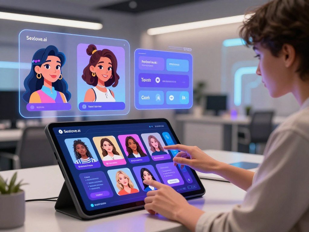 A futuristic digital workspace showcasing a user customizing features of a virtual companion. In the foreground, a person in modest casual clothing interacts with a sleek touchscreen display, selecting various avatars and personality traits for their AI girlfriend from a vibrant interface. The middle ground features floating UI elements displaying customization options like hairstyles, outfits, and interests, with an engaging, friendly AI avatar illustrated nearby. The background reveals a modern, tech-inspired environment with soft, ambient lighting, highlighting a clean and organized atmosphere. Use a dynamic angle that captures both the user’s focused expression and the interactive display. The mood is innovative and playful, emphasizing the enjoyable experience of personalizing a virtual companion with the brand name "Sexlove.ai" subtly integrated within the design. - The Ultimate Guide to AI Girlfriends-Sexlove.ai A futuristic digital workspace showcasing a user customizing features of a virtual companion In the foreground a person in modest casual clothing interacts with a sleek touchscreen display selecting various avatars and personality traits for their AI girlfriend from a vibrant interface The middle ground features floating UI elements displaying customization options like hairstyles outfits and interests with an engaging friendly AI avatar illustrated nearby The background reveals a modern tech inspired environment with soft ambient lighting highlighting a clean and organized atmosphere Use a dynamic angle that captures both the users focused expression and the interactive display The mood is innovative and playful emphasizing the enjoyable experience of personalizing a virtual companion with the brand name Sexloveai subtly integrated within the design