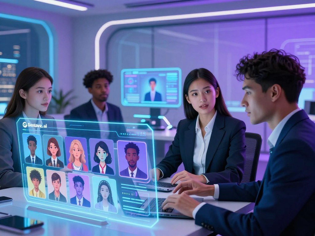 A futuristic digital workspace showcasing customization options for AI companions. In the foreground, display a sleek holographic interface featuring various customizable features such as hairstyles, outfits, and personalities, illuminated in vibrant colors. Include a diverse group of individuals in professional business attire interacting with the interface, with expressions of fascination and engagement. In the middle, illustrate a futuristic workstation with advanced technology and glowing screens displaying AI characters morphing in real-time based on user input. In the background, a high-tech cityscape is visible through large windows, bathed in soft, ambient blue and purple lighting, creating a modern and inviting atmosphere. The overall mood is optimistic and innovative, inviting exploration of personalization with a branded logo "Sexlove.ai" subtly integrated into the design. - The Ultimate Guide to AI Girlfriends-Sexlove.ai A futuristic digital workspace showcasing customization options for AI companions In the foreground display a sleek holographic interface featuring various customizable features such as hairstyles outfits and personalities illuminated in vibrant colors Include a diverse group of individuals in professional business attire interacting with the interface with expressions of fascination and engagement In the middle illustrate a futuristic workstation with advanced technology and glowing screens displaying AI characters morphing in real time based on user input In the background a high tech cityscape is visible through large windows bathed in soft ambient blue and purple lighting creating a modern and inviting atmosphere The overall mood is optimistic and innovative inviting exploration of personalization with a branded logo Sexloveai subtly integrated into the design