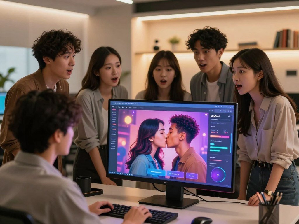 A futuristic digital workspace showcasing the AI kissing generator in action In the foreground a high tech computer screen displays vibrant animated visuals of digital characters sharing a kiss with user friendly interface elements highlighting the features of Sexloveai The middle ground features a diverse group of young professionals in smart casual attire intently observing the screen their expressions filled with curiosity and excitement The background reveals a sleek modern office environment bathed in warm inviting lighting with soft blurred shelves of books and tech gadgets creating an ambiance of innovation and creativity The scene captures a sense of playful discovery and the potential of technology emphasizing the engaging and realistic aspects of the AI kissing generator