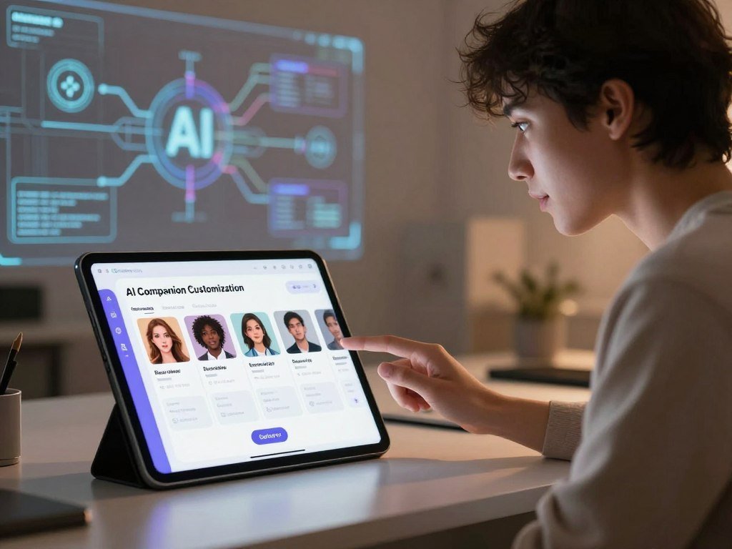 A futuristic digital workspace showcasing the concept of AI Companion Customization In the foreground a sleek tablet displays a user friendly interface with options like hair color outfit style and personality traits Soft ambient lighting highlights the screen creating a warm yet tech savvy atmosphere In the middle ground a professional looking person in modest casual clothing interacts with the tablet their expression reflecting curiosity and excitement The background features an abstract representation of AI algorithms and virtual environments gently glowing to emphasize innovation The overall mood is one of creativity and comfort inviting the viewer into a world of digital companionship The brand name Sexloveai is subtly integrated into the design without overtly standing out