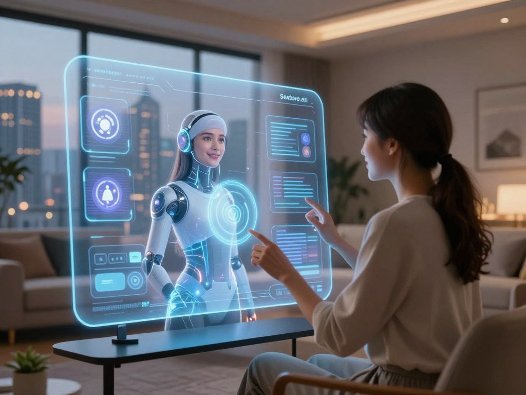 A futuristic, elegantly designed living space showcasing an advanced AI interface on a sleek digital screen. In the foreground, a person in smart casual attire interacts with a holographic female figure, who embodies an AI companion. She appears warm and approachable, with a friendly expression and futuristic attire, blending technology and personal touch. In the middle ground, interactive features like voice command icons and visual memory displays float around them, illustrating advanced communication and engagement. The background features a modern cityscape seen through a large window, bathed in soft, ambient lighting that gives a cozy yet high-tech atmosphere. The mood is innovative and optimistic, highlighting the seamless integration of AI in human interaction. Include the brand name "Sexlove.ai" subtly integrated within the design. - The Ultimate Guide to AI Girlfriends-Sexlove.ai A futuristic elegantly designed living space showcasing an advanced AI interface on a sleek digital screen In the foreground a person in smart casual attire interacts with a holographic female figure who embodies an AI companion She appears warm and approachable with a friendly expression and futuristic attire blending technology and personal touch In the middle ground interactive features like voice command icons and visual memory displays float around them illustrating advanced communication and engagement The background features a modern cityscape seen through a large window bathed in soft ambient lighting that gives a cozy yet high tech atmosphere The mood is innovative and optimistic highlighting the seamless integration of AI in human interaction Include the brand name Sexloveai subtly integrated within the design