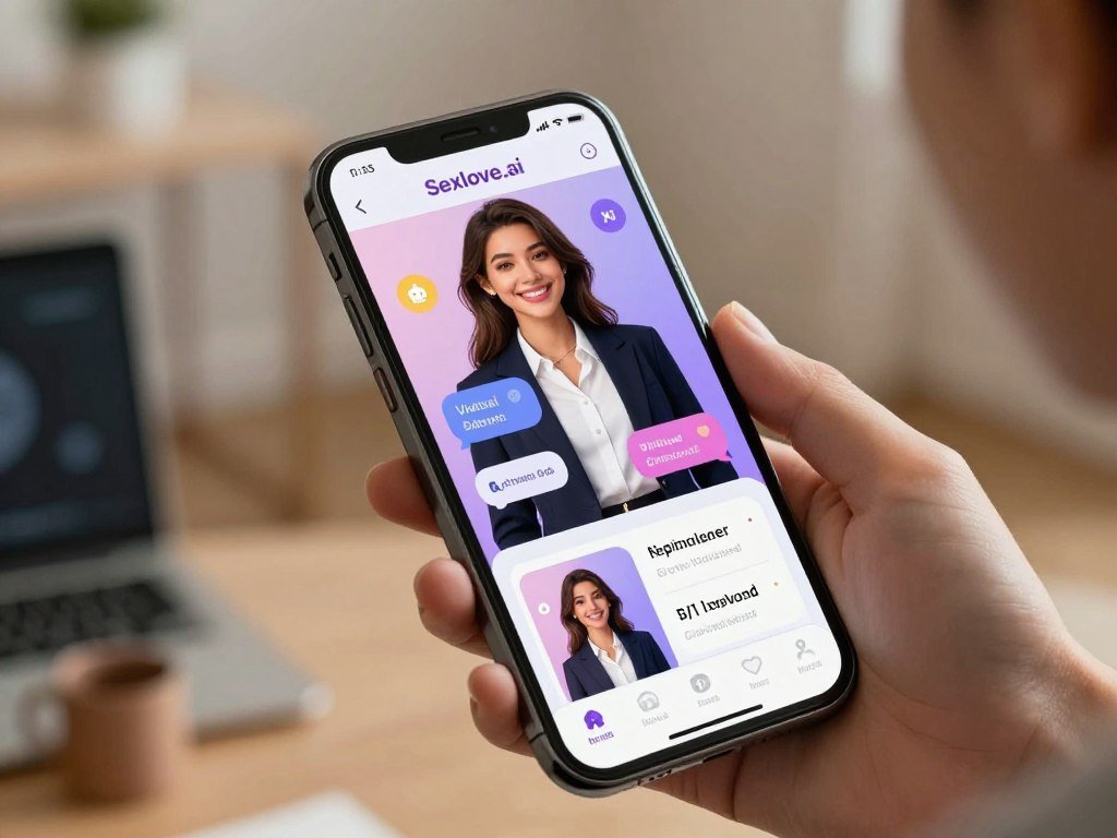A futuristic interface of an AI girlfriend app, showcasing a sleek smartphone displaying a vibrant, AI-generated character with a friendly smile, dressed in stylish yet professional business attire. In the foreground, the phone is held by a user with a focused expression, illustrating engagement with the app. In the middle, visually represent the AI character interacting with various app features like chat, virtual date options, and personalized suggestions. The background features a modern, softly lit room with subtle technological decor, enhancing the atmosphere of companionship and innovation. Use warm, inviting lighting to create a welcoming mood. Capture the image from a slightly elevated angle to emphasize the phone and its interface, ensuring clarity in the app's design. Brand name: Sexlove.ai. - The Ultimate Guide to AI Girlfriends-Sexlove.ai A futuristic interface of an AI girlfriend app showcasing a sleek smartphone displaying a vibrant AI generated character with a friendly smile dressed in stylish yet professional business attire In the foreground the phone is held by a user with a focused expression illustrating engagement with the app In the middle visually represent the AI character interacting with various app features like chat virtual date options and personalized suggestions The background features a modern softly lit room with subtle technological decor enhancing the atmosphere of companionship and innovation Use warm inviting lighting to create a welcoming mood Capture the image from a slightly elevated angle to emphasize the phone and its interface ensuring clarity in the apps design Brand name Sexloveai