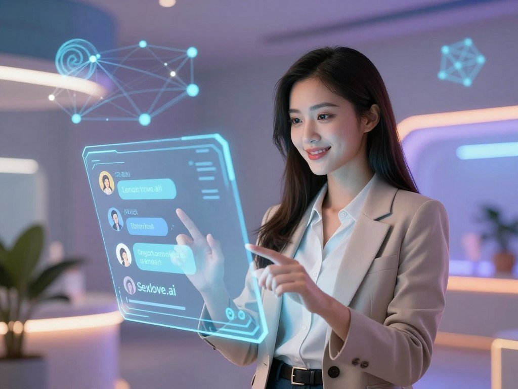 A futuristic inviting digital landscape illustrates the concept of an AI girlfriend with instant connection and immediate chat access In the foreground a stylish virtual girlfriend character dressed in modern business casual attire interacts with a holographic interface displaying chat options Her expression is friendly and engaging emanating warmth and approachability The middle ground features a high tech environment with vibrant colors and gentle glowing lights emphasizing the digital realm In the background abstract representations of digital connectivity and communication networks weave seamlessly suggesting a web of instant interactions The lighting is soft yet bright highlighting the characters features creating a welcoming atmosphere The composition should feel dynamic yet serene embodying the essence of interactions facilitated by Sexloveai without any text or overlays